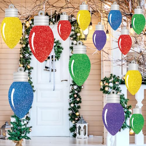 Wonderjune 15 Pcs Large Outdoor Light Bulbs Christmas Hanging Decorations Include 5 Pcs 11.8 Inch Plastic Xmas Lawn Hanging Ornaments 10 Pcs 7.9 Inch Holiday Yard Signs for Tree Porch Yard Decor