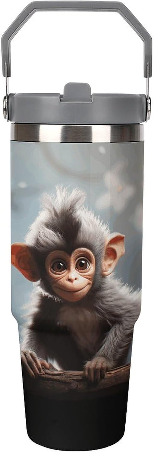 Cute Monkey1 Water Bottle 30 Oz Fits Car Cup Holder,Insulated Coffee Mug Large Capacity Car Cups,Stainless Steel Double Wall Sport Bottle for Travel Sports Gym