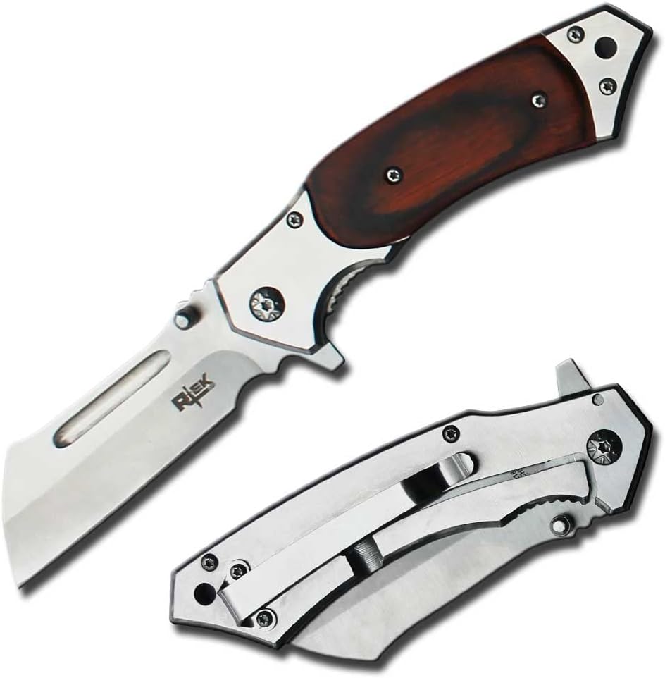 Rtek 4.75" Spring Assisted Cleaver Pocket Folding Knife Razor Blade Pearl 5 colors (Wood)