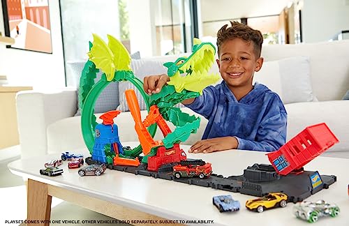 image for Hot Wheels Toy Car Track Set City Dragon Drive Firefight & 1:64 Scale 