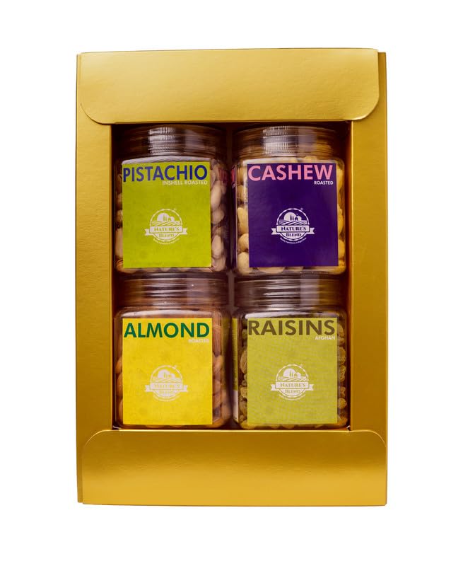 Image of Nature's Blend - Essential Dry Fruits|Classic New|Pack of 4|250g Jar|Almond Roasted, Cashew Roasted, Pistachio Inshell Roasted, Raisins|Soft Top