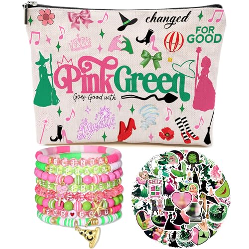 Witch Cosmetic Bag Elphaba And Glinda Fans Gift Set, Including Makeup Bag, 50pcs Stickers, and 8 pcs Bracelets for Women