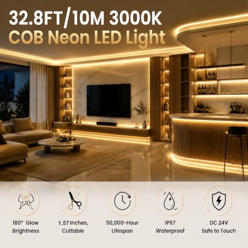 Image of iNextStation 32.8FT Warm White Neon LED Light Strip with Dimmer and Plug | 3120 LEDs Uniform 180 3000K Light with CRI93+, 1.56Inch Cuttable, IP67 Waterproof Silicone Light for Indoor & Outdoor