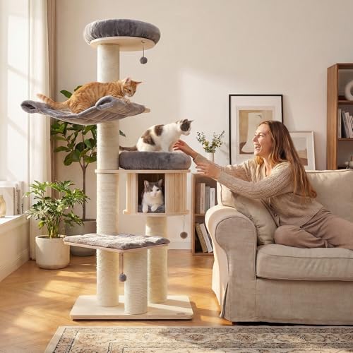 Image of Tangkula Modern Cat Tree, Multi-Level Large Cat Tower with Condo, Hammocks & Hanging Basket, Tall Cat Tree with Sisal Posts, Washable Cushions, Wood Cat Trees and Towers for Indoor Large Cats