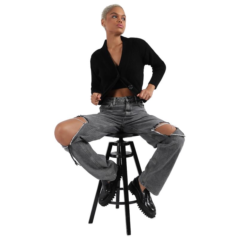 Image of PINACOLADA Women's Solid Ribbed Cropped CardiganFor Casual Wear | V Neck | Long Sleeve | Wool Sweater Crafted with Comfort Fit for Everyday Wear