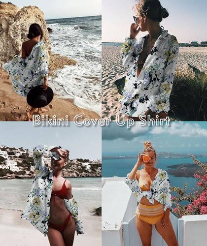 Image of Zoye Chen Women's Bikini Swimsuit Cover Up Button Down V Neck Shirts Long Sleeve Blouse Beachwear Bathing Suit