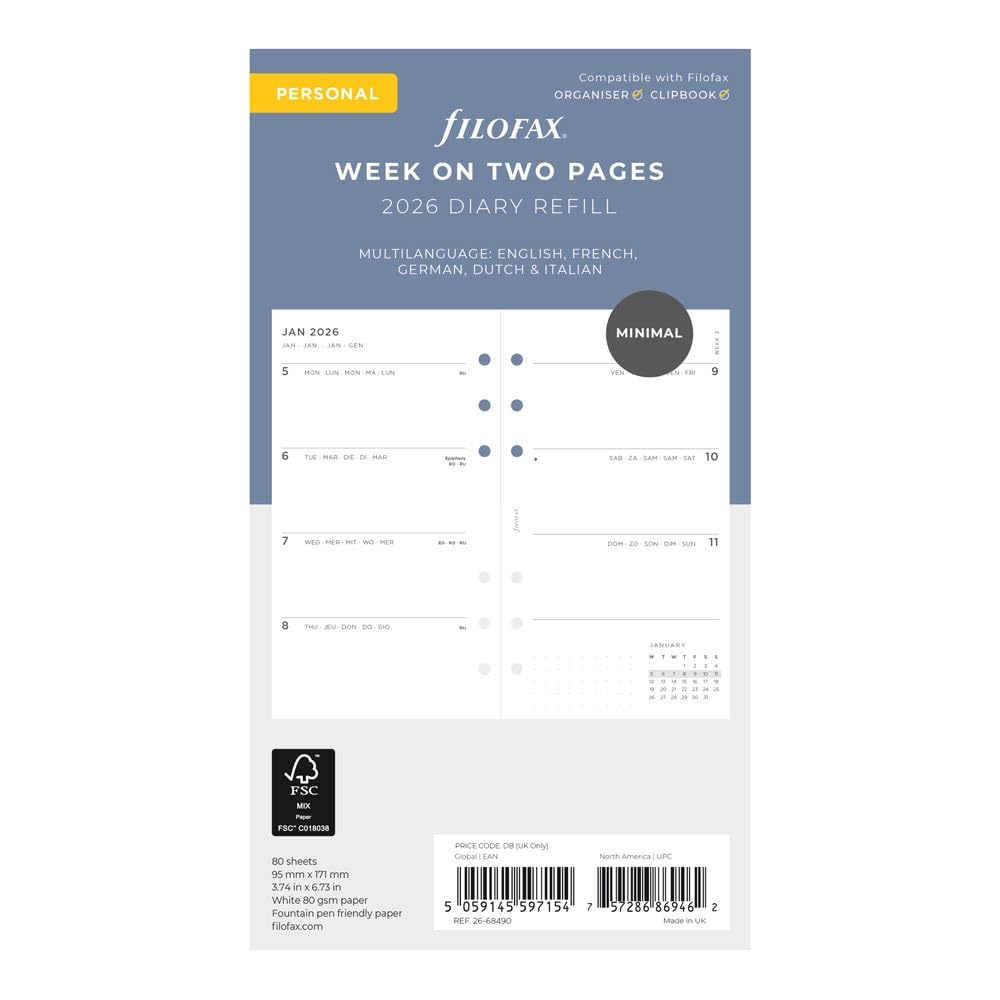 Filofax Kalender-Tagebuch-Nachfüllpackung, persönliche/kompakte Größe, Wochenansicht, minimales Tagebuchpaket, weißes Papier, mehrsprachig: fünf Sprachen, 2026 (C68490-26)