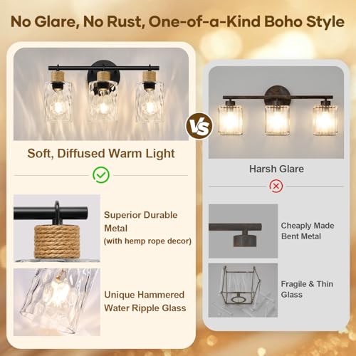 Image of MOKATNG Bathroom Light Fixtures, 3-Light Coastal Vanity Lights with Crystal Glass Shade, Black Bathroom Wall Lamp for Mirror Kitchen Hallway Cabinet