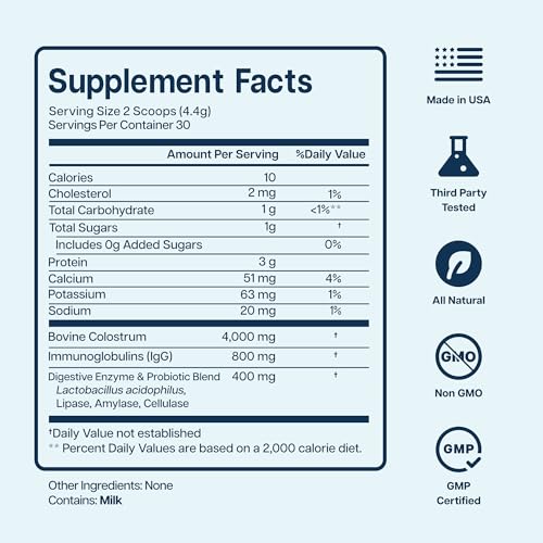 Image of 4000mg 800 IgG Grass Fed with Probiotics Bovine Colostrum Powder Supplement for Kids & Adults with Immunoglobulins (132 Grams, Unflavored)