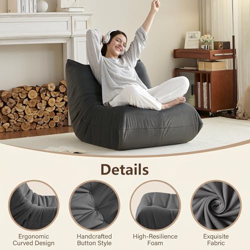 Image of Gazecaia Comfy Bean Bag Chair for Adults Teens | Fireside Floor Lounge Chair,Soft Suede High-Resilience Memory Foam Bean Bag Couch with Non-Slip Base,for Living Room Bedroom Apartment Office,Dark Gray