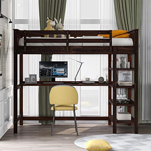 Image of Harper & Bright Designs Twin Loft Bed with Desk and Storage Shelves, Wood Loft Bed with Ladder, for Kids, Teens, Adults (Espresso)