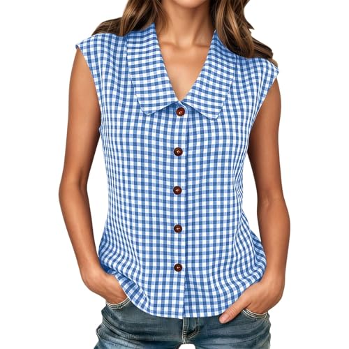 Camiseta de lino sin mangas para mujer con un fresco estampado a cuadros y botones