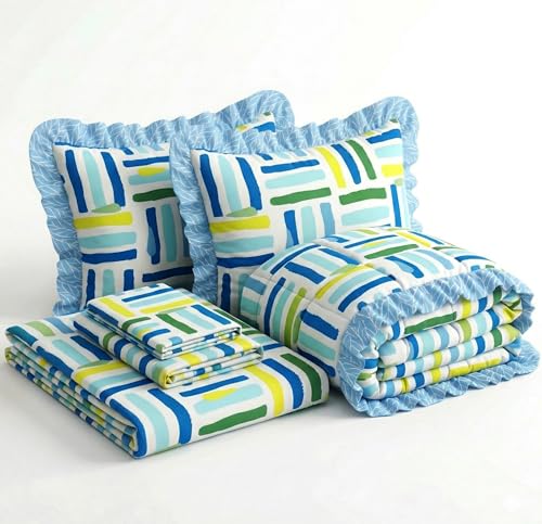 Image of SANMARINO Premium Cotton Double Bed 4 Piece Bedding Set with Frill Border | Comforter with Matching Bedsheet and Pillow | Ultra Soft & Lightweight Quilted Comforter Set |228x228 cm, Ocean Grid Blue