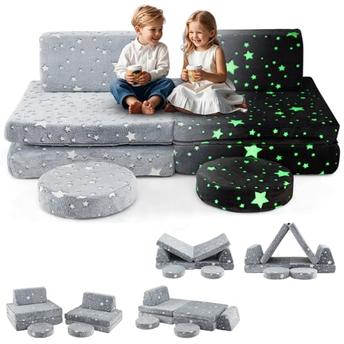 INFANS Modular Kids Play Couch, 6 PCS Toddler Creative Sectional Fort Building Sofa for Playroom, Bedroom, Children Convertible Soft Foam Furniture Playset Floor Cushion Boys Girls (Grey-Fluorescent)