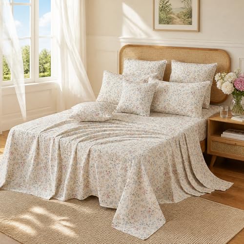 Image of FADFAY Double Gauze Floral Queen Sheet Set, Soft Breathable Cotton Bedding Set with Fitted Sheet, Flat Sheet & Pillowcases, Lightweight Spring Summer Bedding, Multicolor Botanical Sheets