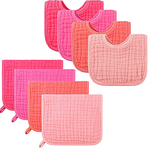 Tatuo 8 Pcs Baby Muslin Bibs & Burp Cloths 6 Absorbent Layer 100% Cotton Unisex Baby Bibs for Drooling and Teething(Simple Color)