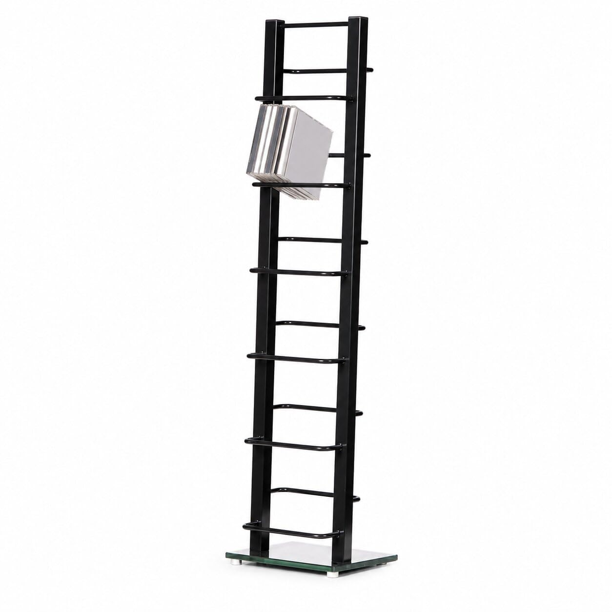 DESIGN CD STÄNDER CD REGAL LOUNGE TOWER schwarz 92cm aus Metall und Glas Aufbewahrung für ca 85 CDs