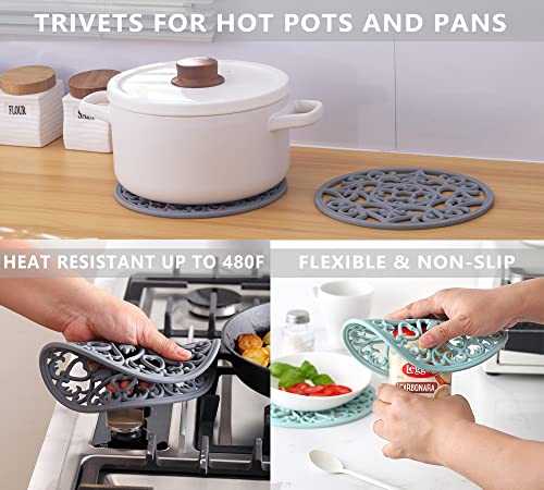 Domonic Home Oven Mitts And Pot Holders Sets, Silicone Oven Mitts Heat Resistant 600F, Oven Mitt Set Soft Lining Good Grip, Oven Gloves And Trivet Mats 4 Piece Set, Aqua Sky-B #TOP5
