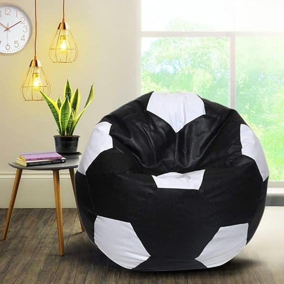 Faux Leather Double Colour Football Print Round Shape Bean Bag Cover Without Beans for Office/Home/Bedroom/Livingroom 4XL (Black with White)-image-24