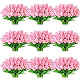 Jexine 100 Pcs Artificial Real Touch Tulips Fake Artificial Tulip Flower Bulk Bouquet with Stem for Table Centerpieces Wedding Bridal Easter Mother's Day Garden Home Decor, 13.4''(Pink)