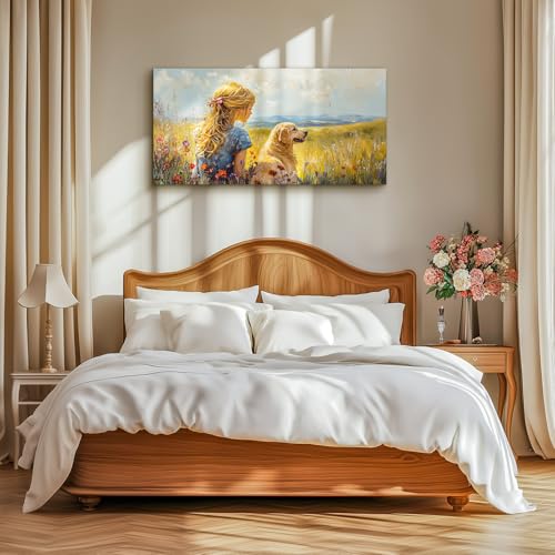 SERIMINO Portrait Landscape Wall Art, Lady and Dog Large Wall Decor, Animal Golden Retriever Cute Canvas Prints, Meadow Wildflowers Rustic House Decorations Living Room Bedroom Bathroom 24"X48"