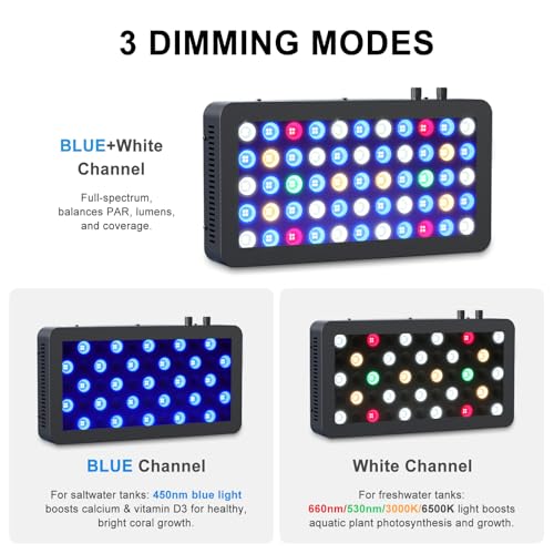 Image of Wills Aquarium Light, 100W Full Spectrum LED Reef Lights, 16 inchx8 inchx2.4 inch | Coral Saltwater Fish Tank, Blue /White Dual Dimmable Channels, 55 Premium SMD LEDs, Daisy Chain Design, Hanging Kit