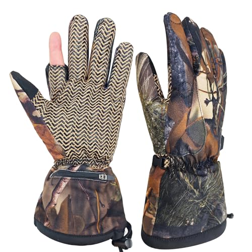 Thiovanek Rechargeable Heated Camo Hunting Gloves for Men Waterproof Adjustable Temperature Touchscreen Rechargeable Battery Cold Weather Outdoor Winter Gear Size XL