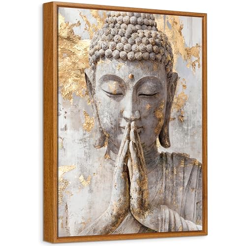 Enmarcado Cuadro Moderno Buda Gris Dorado Cuadro Decoracion Espiritual Zen Lienzo Pintura Imagen Póster Adoración Budista Abstracta Cuadros Decorativos Dormitorios Sala de Meditación Yoga Spa 40x60cm