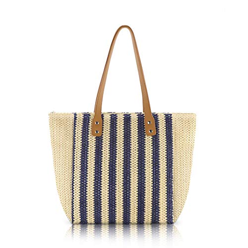 Women Summer Soft Straw Beach Stripe Bag Handwoven Big Tote Bag with Leather Shoulder Strap Handbag Shoulder Bag (Beige&Blue)