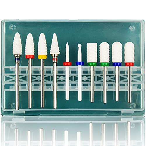 Feecy Nail Drill Bits Set Ceramic for Acrylic Nails Gel Polish Professional 3/32 Inch Efile Nail Drill Bits Kit for Cuticle Safety Barrel Nail Art Tools with Holder 10pcs (S10-C)