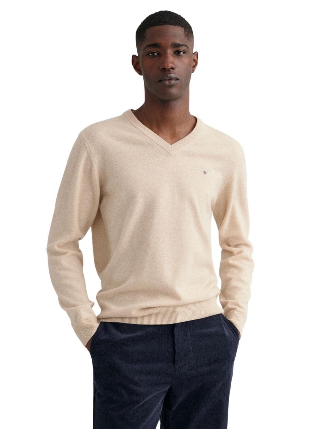Gant Men's Dk. Sand Melange Extrafine Lambswool V-Neck, Xl