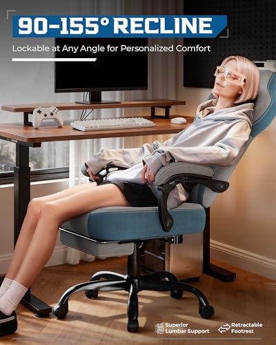 LUCKRACER Chaise de gaming avec accoudoirs connectés, coussin en mousse à mémoire de forme, angle d'inclinaison de 90 à 155 ° et repose-pieds en tissu fonctionnel résistant, gris – Image 4