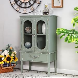 MAISON ARTS Buffet Cabinet with Storage Kitchen Storage Cabinet with 2 Doors 1 Drawer Modern Farmhouse Accent Storage Cabinet for Living Room Entryway Solid Wood Legs Glass Doors Mint Green