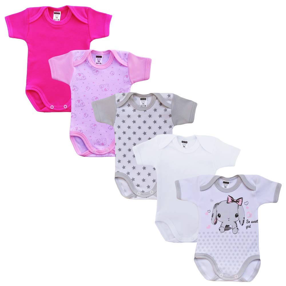 MEA BABY 5er Pack Baby Kurzarm-Body für Mädchen & Jungen aus 100% Baumwolle, Babybody Set mit Motiv und Druckknöpfen, atmungsaktiver Einteiler mit Schlupfkragen, ideale Erstausstattung