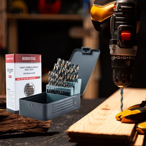 Image of HIDOTOL Drill Bit Set 29Pcs, 135 Degree Tip High Speed Steel with Black and Gold Finish, Stainless Steel, Plastic and Wood with Metal Indexed Storage Case 1 /16 inch-1 /2 inch