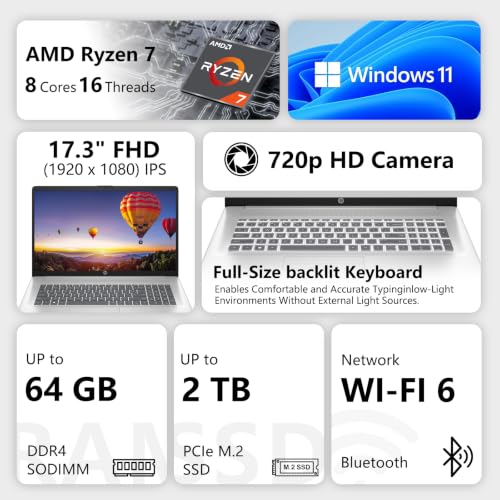 Image of HP Essential 17 inchFHD AMD Ryzen 7 7730U Laptop, 16GB DDR4 + 1TB SSD | 17.3 inch FHD IPS, Full-Size backlit Keyboard, HD Camera with Privacy Shutter, Wi-Fi 6, Bluetooth, Win 11 Home, Silver