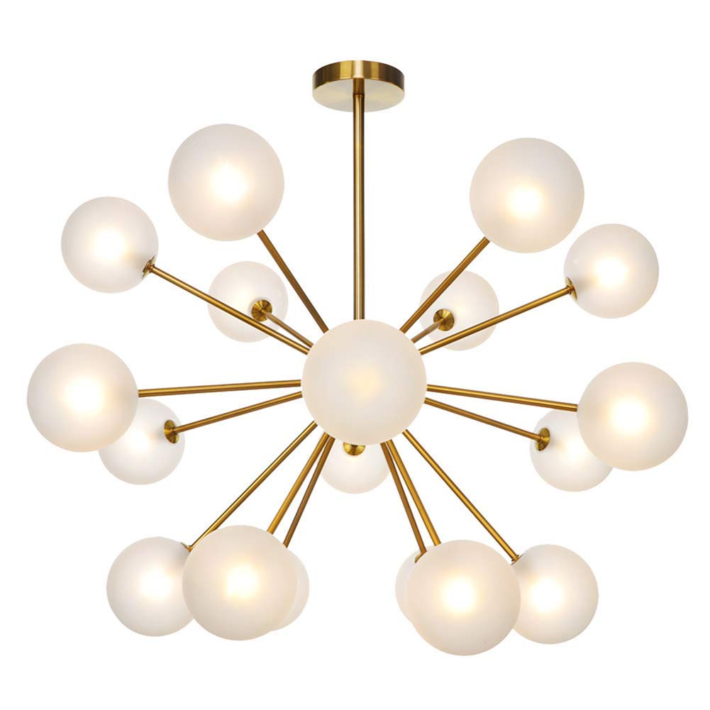 NZDY Creative Mid Century Glass Ball Chandelier, Brass Sputnik Pendant Light 18-Lights Branch Starburst Chandelier G4 Semi-Flush Mount Hanging Lamp Ceiling Light for Living Room Kitchen Stairs,Froste