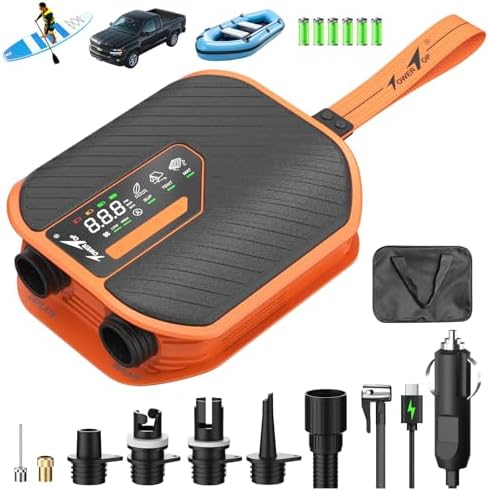 TowerTop Sup Pumpe Akku: 10500mAh Akku Pumpe für Auto/SUP, 50 PSI Stand Up Paddle Pumpe, 12V DC Zweistufenpumpe (Auf- und Ablassen) mit 8 Düsen für Paddleboards, aufblasbare Artike