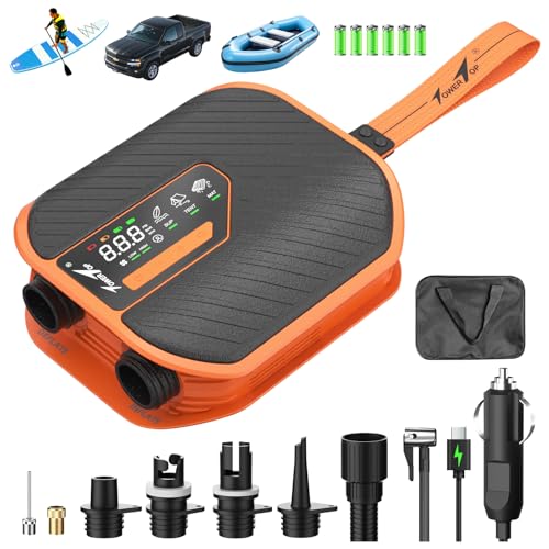 TowerTop Sup Pumpe Akku: 10500mAh Akku Pumpe für Auto/SUP 50 PSI Stand Up Paddle Pumpe 12V DC Zweistufenpumpe (Auf- und Ablassen) mit 8 Düsen für Paddleboards aufblasbare Artikel Kajaks und Autos