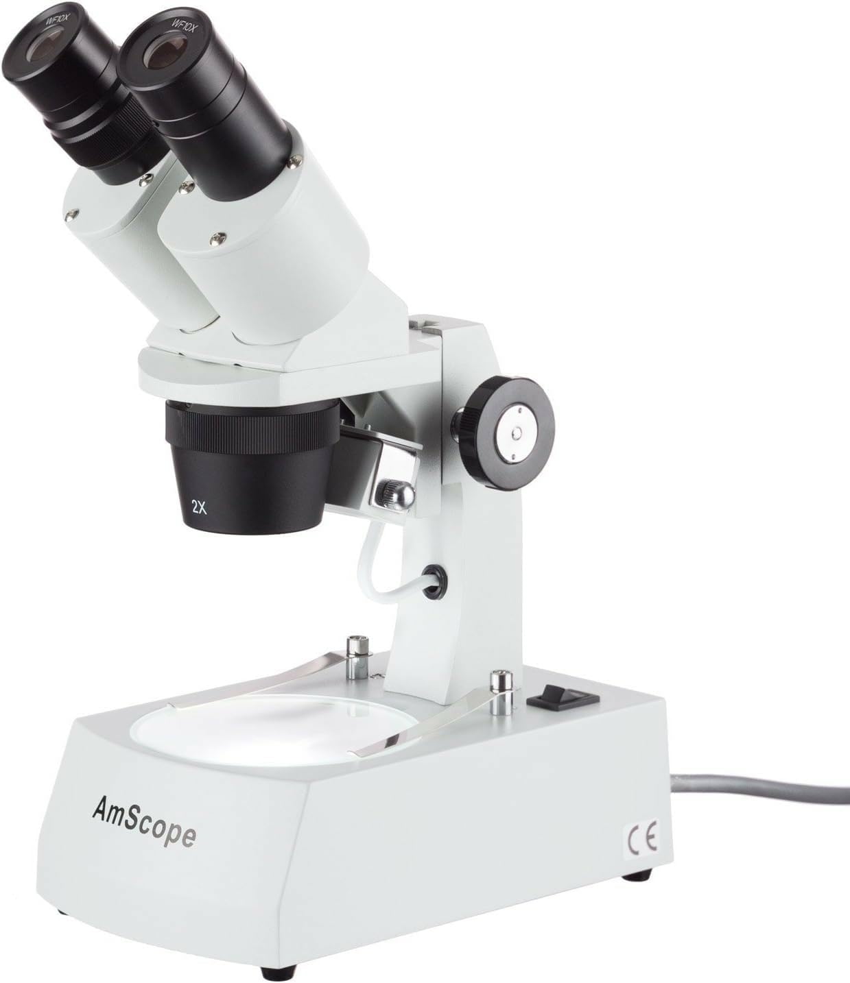 AmScope SE306R-AY Forward-Mounted Binocular Stereo Microscope, WF10x and WF15x Eyepieces, 20X/30X/40X/60X Magnification, 2X and 4X Objectives, Upper and Lower Halogen Lighting, Reversible Black/White Stage Plate, Arm Stand, 120V