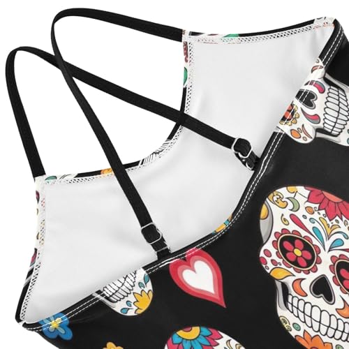 Colorful Skulls Floral Girl Swimsuit One Piece, Summer Beach Bathing Suit, 3-104