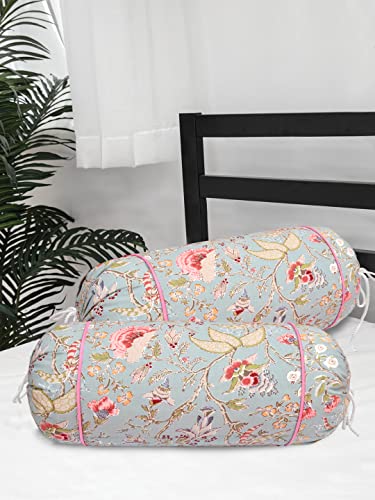 Image of Clasiko Cotton Bolster Covers; Set of 2; 220 TC; Grey Flowers & Green Leaves; 30x15 Inches; 42098