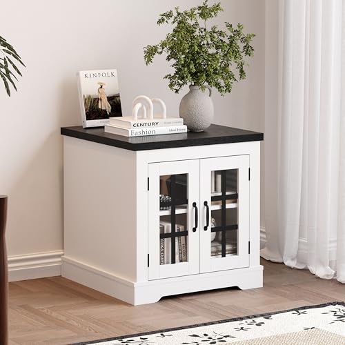 Wood Buffet Cabinet with Storage, Farmhouse Sideboard Cabinet, Small Kitchen Storage Cabinet & Bar Cabinet with Glass Doors, Built-in Power Outlet, Walnut Top Sideboard for Coffee Bar, Dining Room — view 3