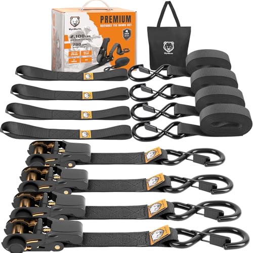 4 Pack Ratchet Straps 2 100 LB Break Strength 15FT Ratchet Tie Down Straps Set with Soft Loops for Motorcycle Straps Tie Downs Appliances Lawn Equipment Cargo Straps for Trucks Black