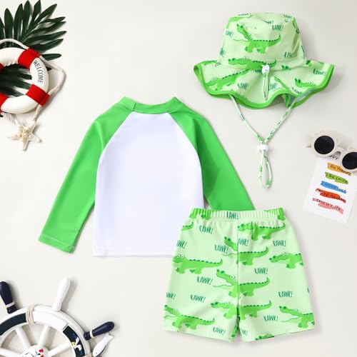 Toddler Baby Boy Swimwear Long Sleeve Rashguard Swimsuit with Sun Hat Cartoon Animal Bathing Suit 5