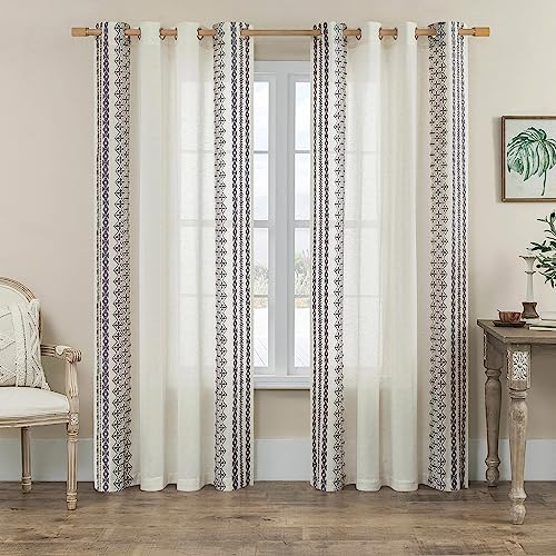 Vintage Linen Curtains 84 Inch Length 2 Panels, Farmhouse Curtains For Living Room Bedroom Boho Embroidered Striped Drapes Grommet Semi Sheer Curtains Flax Curtains Window Treatment Decor, 52X84 Grey #TOP1