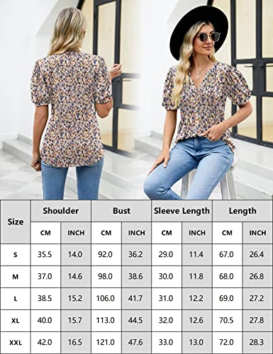 Lomon Short Sleeve Blouses For Women Smocked V Neck Summer T-Shirt Fashion Floral Tunic Tops(Pink+Floral,Xxl) #TOP4
