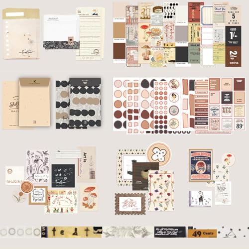 Image of VIBE VISTA Vintage Aesthetic Scrapbook Kit,346 Pcs,A6 Grid Notebook,Washi ,Envelopes,Scrapbook Papers,Folding Labels,Background Papers,Photo Frames,Calendar Stickers,Stickers (Rotat Street,Beige)