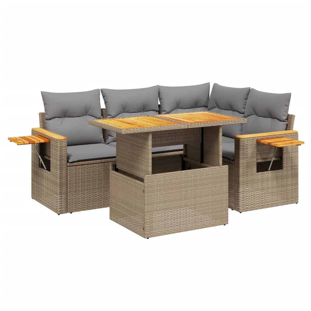 vidaXL Garten Sofagarnitur mit Kissen 5-TLG., Gartenmöbel Gartengarnitur, Sitzgruppe Sitzgarnitur, Lounge Sofa Garnitur Terrasse, Beige Poly Rattan