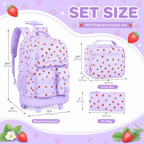 Image of CCJPX 3Pcs Rolling Backpack for Girls, Roller Wheeled School Bookbag, Strawberryra Wheels Backpacks with Lunch Box for Kids (Purple)